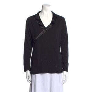 temperley london Authentic solid black satin v neck long sleeve top medium